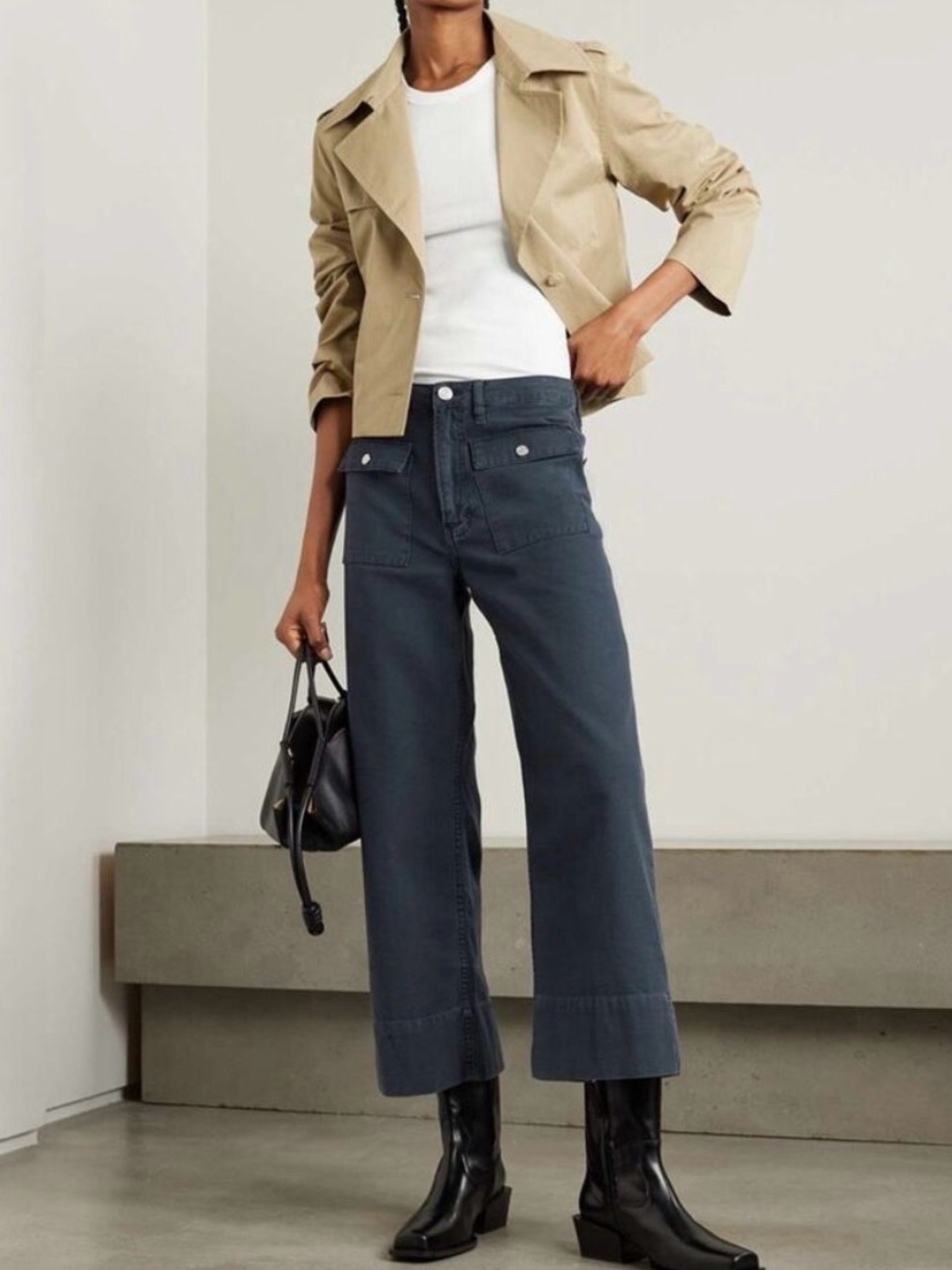 FRAME the 70s patch pocket wide leg  crop trousers pants washed navy 28
